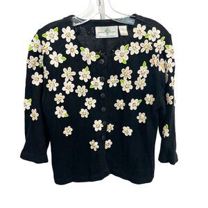 Design Options Phillip & Jane Gordon Daisy Floral Applique Black Cardigan MEDIUM